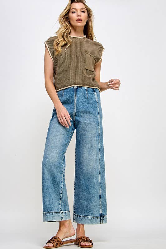 CONTRAST EDGE SWEATER VEST WITH POCKET