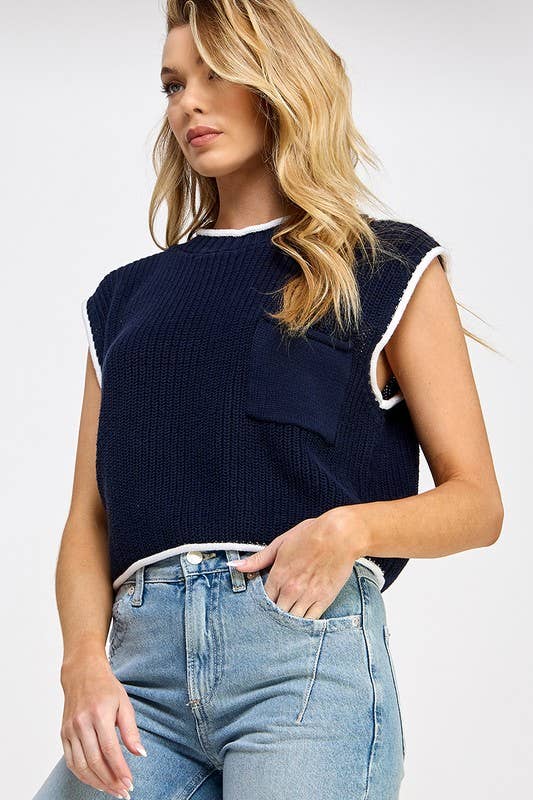 CONTRAST EDGE SWEATER VEST WITH POCKET