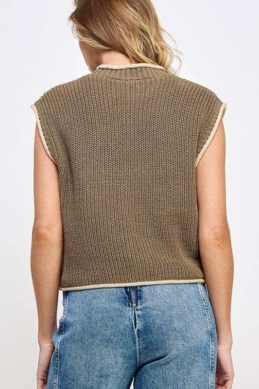 CONTRAST EDGE SWEATER VEST WITH POCKET