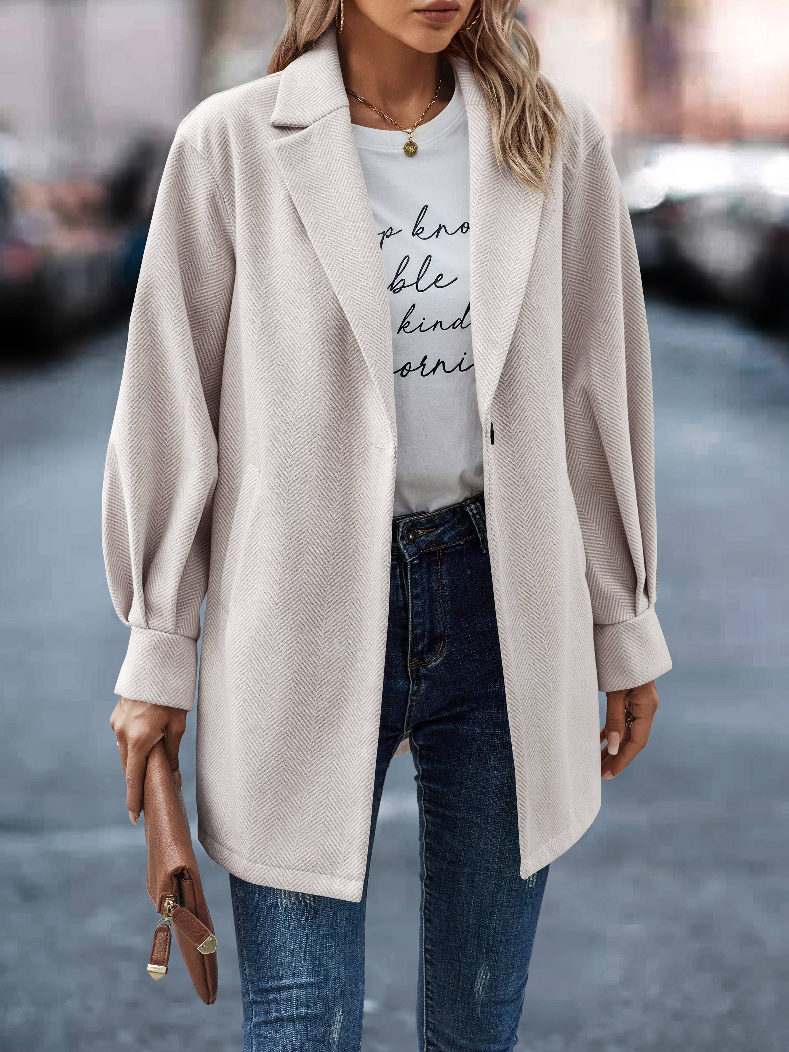 SZ1-JK0211 Herringbone Printed Open Blazer