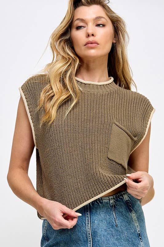 CONTRAST EDGE SWEATER VEST WITH POCKET