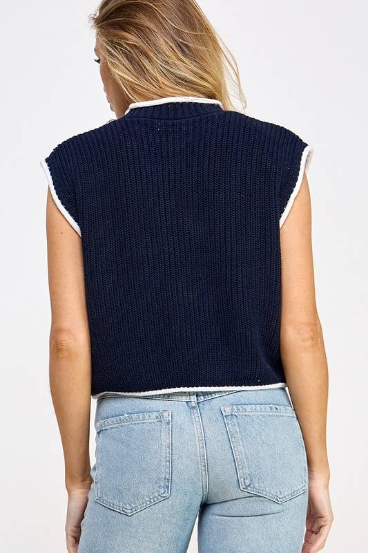 CONTRAST EDGE SWEATER VEST WITH POCKET