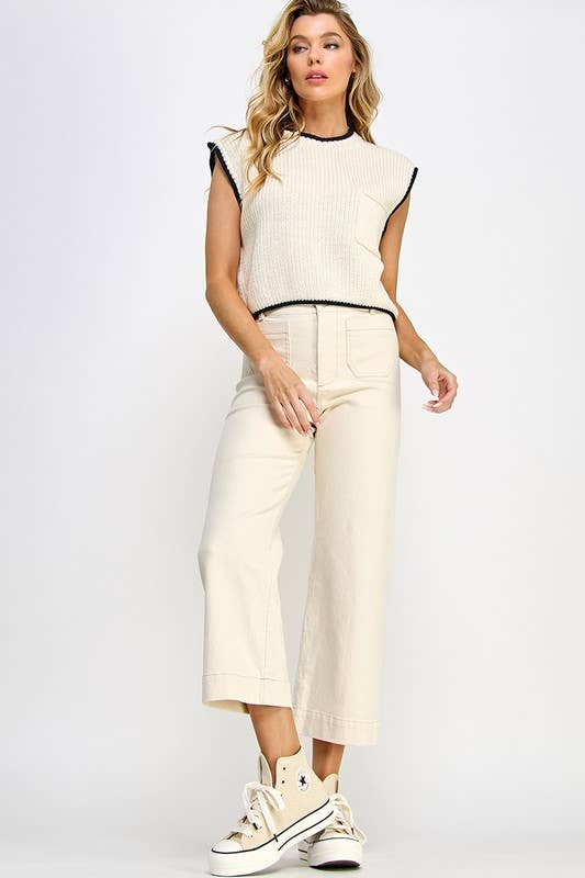 CONTRAST EDGE SWEATER VEST WITH POCKET