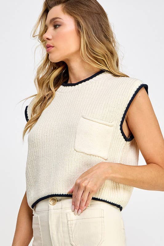 CONTRAST EDGE SWEATER VEST WITH POCKET