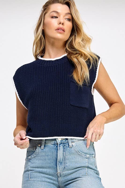 CONTRAST EDGE SWEATER VEST WITH POCKET