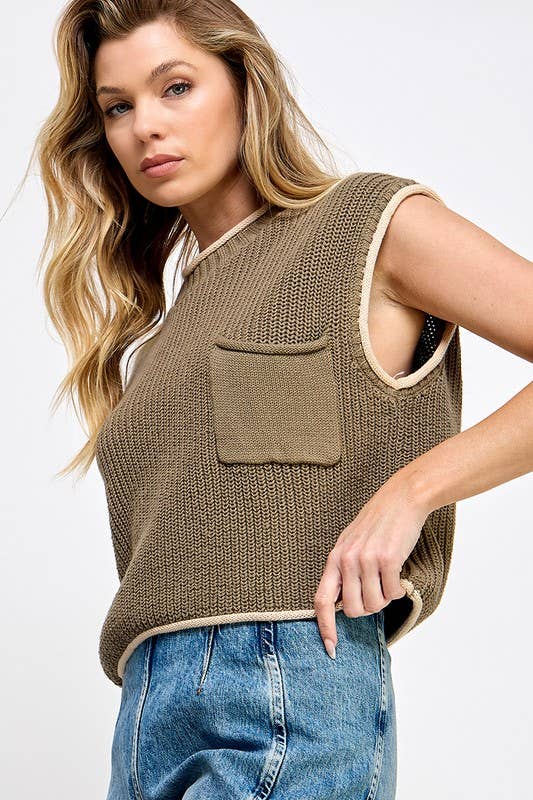 CONTRAST EDGE SWEATER VEST WITH POCKET