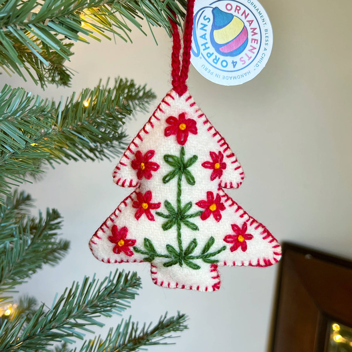 White Tree Embroidered Wool Christmas Ornament