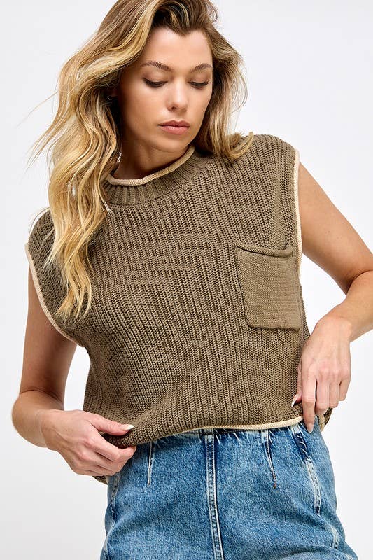 CONTRAST EDGE SWEATER VEST WITH POCKET